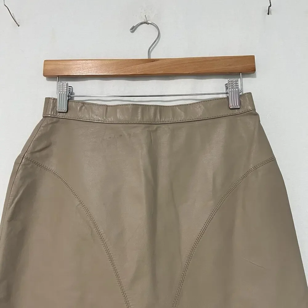 Vintage 80s Tan Beige Leather Skirt Knee Length Size 9/10 FITS SMALL Classic
